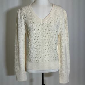 NWT Nanette Lepore Cream Pearl Bead Knit V-Neck Sweater Womens Large L Coquette
